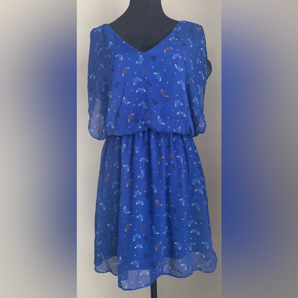 Candie's, Blue Butterfly Lined Mini Dress with Split Short Sleeves, Size Large
